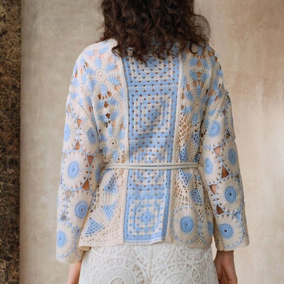 Blue And White Boho Crochet Women's Geometric Cardigan - Picture 5 of 7